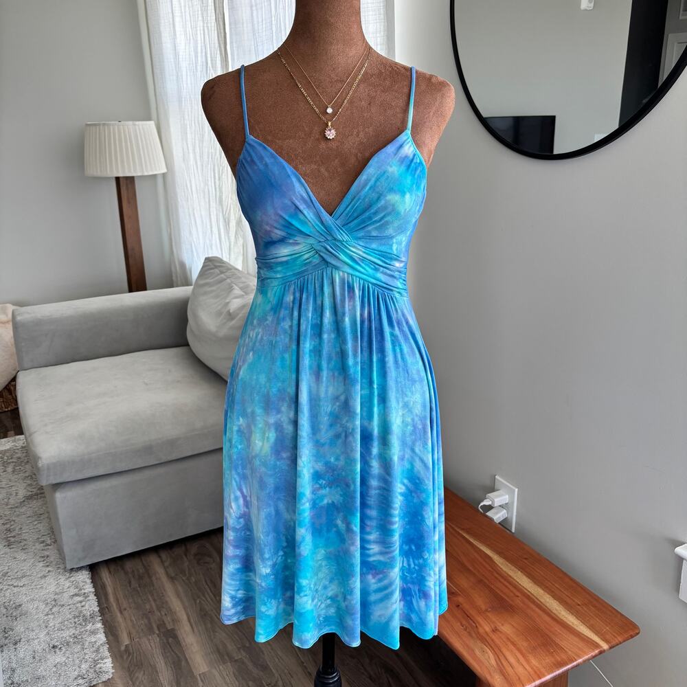 2000s Vintage Dulce Carola Blue Tie Dye Empire Waist Summer Sun Dress Y2K Size M